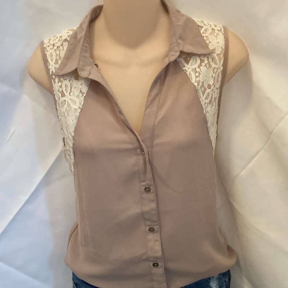 Beige Button-Up Blouse with White Lace & Gold Buttons